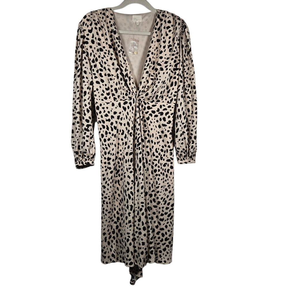 Dee Elly Plunge Neckline Animal Print Blouson Long Sleeve Midi Dress Size Medium
